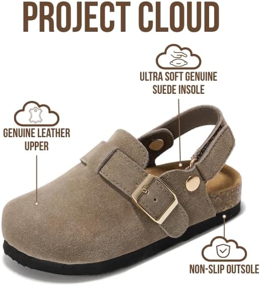 Project Cloud 100% Genuine Leather Kids Clogs with Cork Footbed Arch Support - Non-Slip Slippers & Sandals for Boys & Girls Footwear