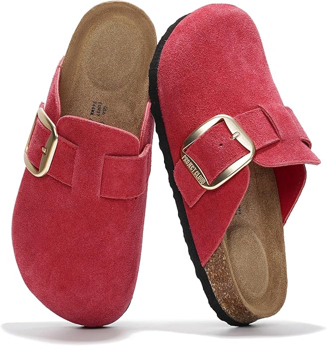 Project Cloud 100% Genuine Leather Clogs for Women Shoes - Memory Foam Insole, Non-Slip & Natural Cork Footbed Arch Support Big Buckle Womens Clogs and Mules Footwear (Manchester)