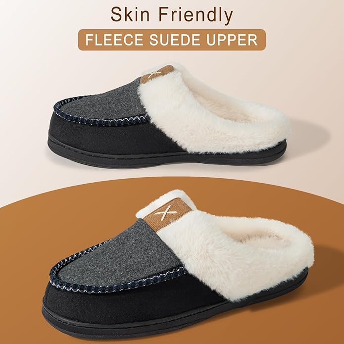 Homitem Mens Slippers Moccasins Memory Foam Fuzzy Slippers for Men Wool-Like Plush Fleece Lined House Shoes Indoor Outdoor Anti-Skid Rubber Sole Home Bedroom