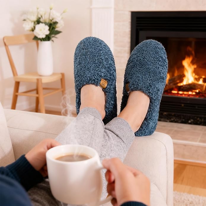 EverFoams Women’s Soft Curly Full Slippers Memory Foam Lightweight House Shoes Cozy Loafer with Polar Fleece Lining