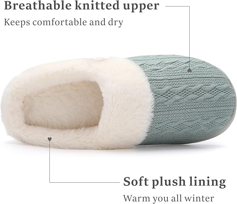 Chantomoo Womens Slipper Warm Comfy Memory Foam House Slippers Knitted Shoes Faux Fur Lined Anti-Skid Rubber Sole Bedroom Cozy Indoor Outdoor Slippers