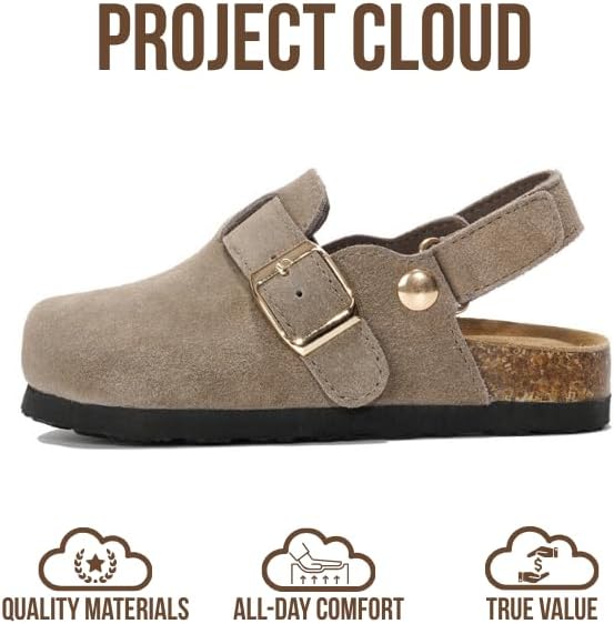 Project Cloud 100% Genuine Leather Kids Clogs with Cork Footbed Arch Support - Non-Slip Slippers & Sandals for Boys & Girls Footwear
