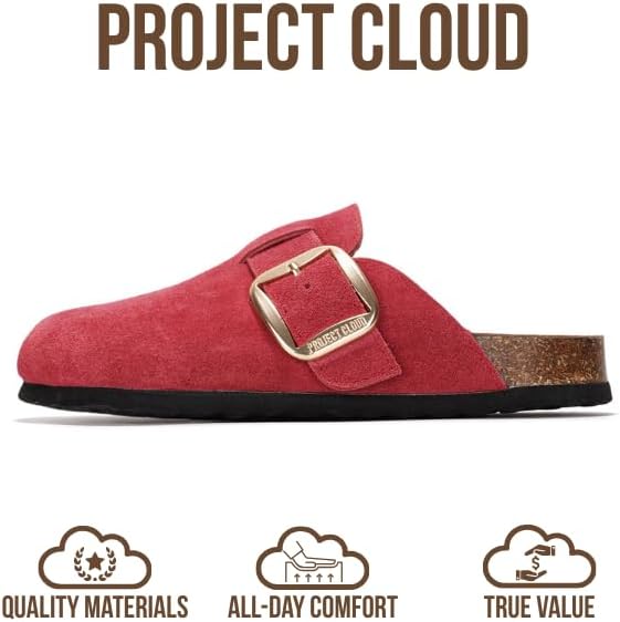 Project Cloud 100% Genuine Leather Clogs for Women Shoes - Memory Foam Insole, Non-Slip & Natural Cork Footbed Arch Support Big Buckle Womens Clogs and Mules Footwear (Manchester)