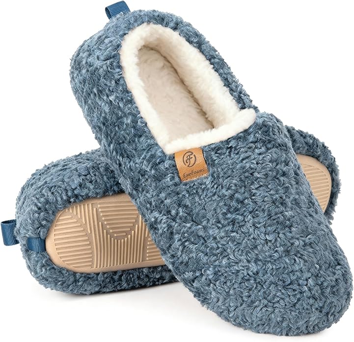 EverFoams Women’s Soft Curly Full Slippers Memory Foam Lightweight House Shoes Cozy Loafer with Polar Fleece Lining