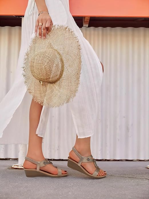 SHIBEVER Womens Wedge Sandals Flower Low Heel Dressy Sandals Elastic Ankle Strap Rhinestone Summer Comfortable Shoe