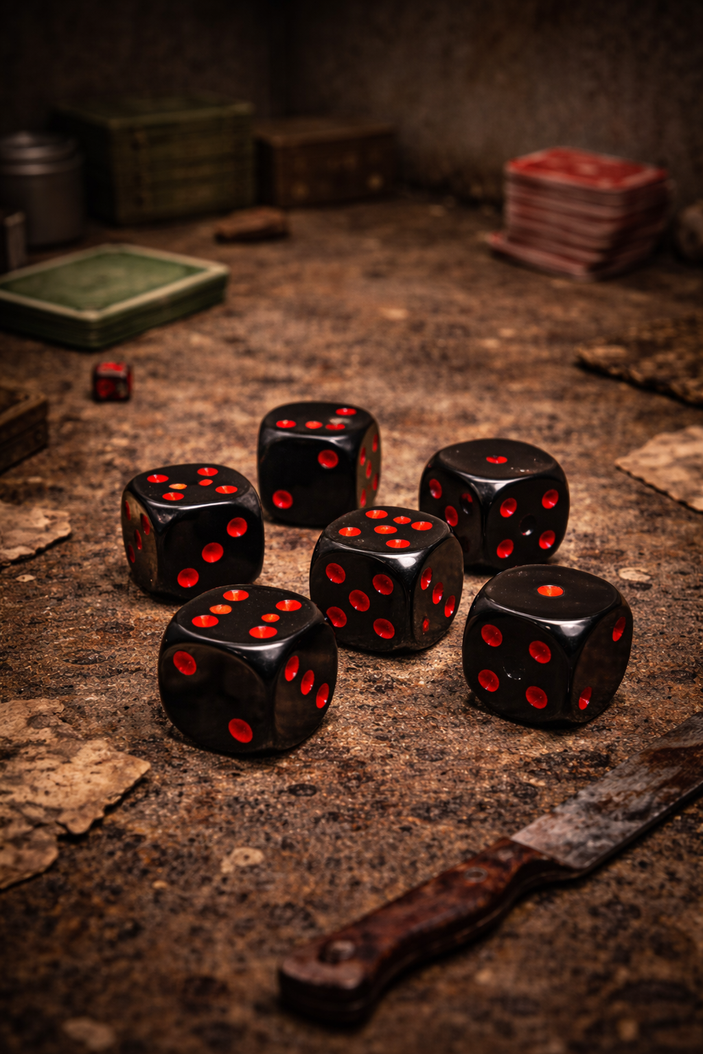 Dados negros de seis caras con puntos rojos