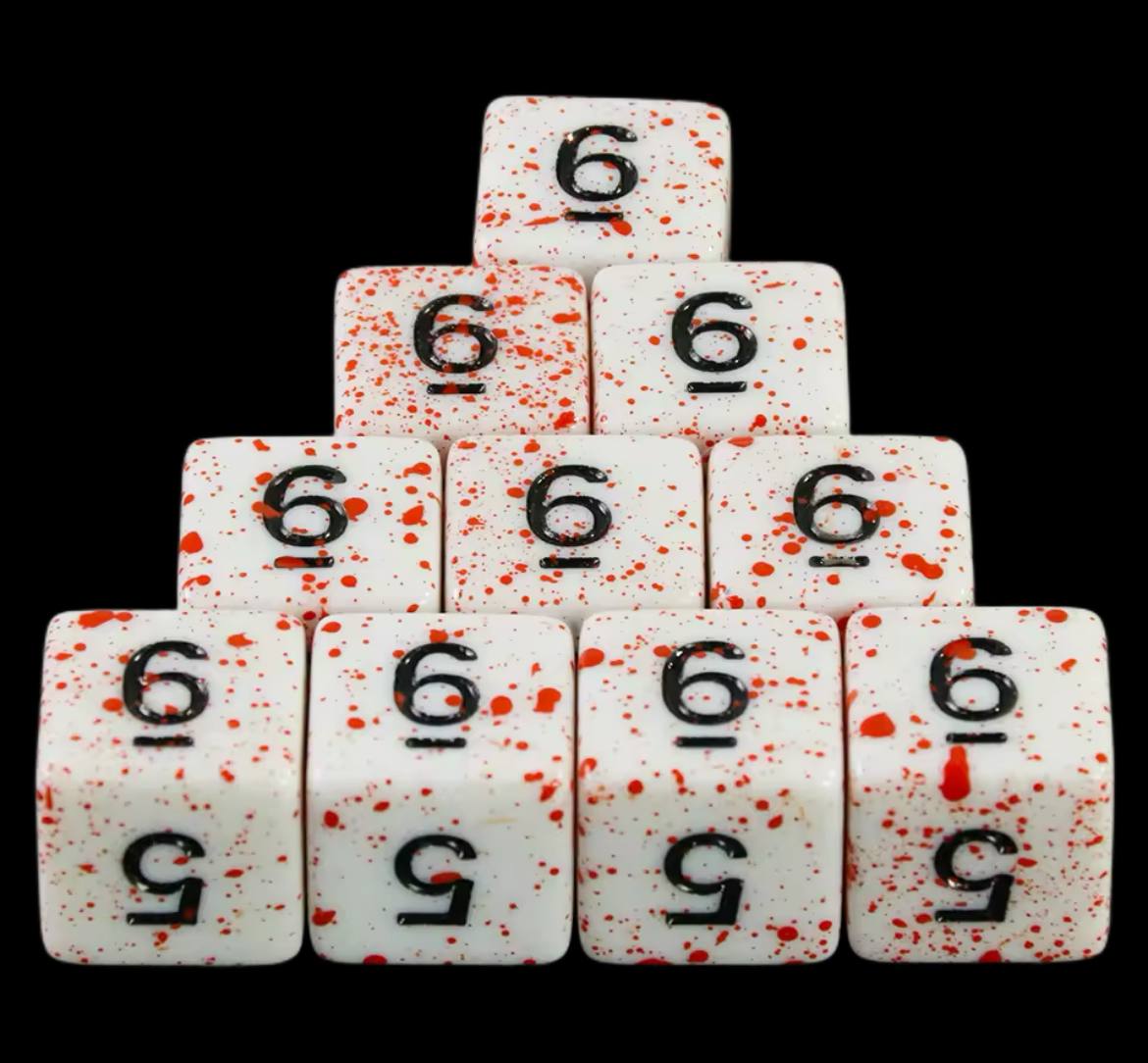 Dados de seis caras blancos con sangre