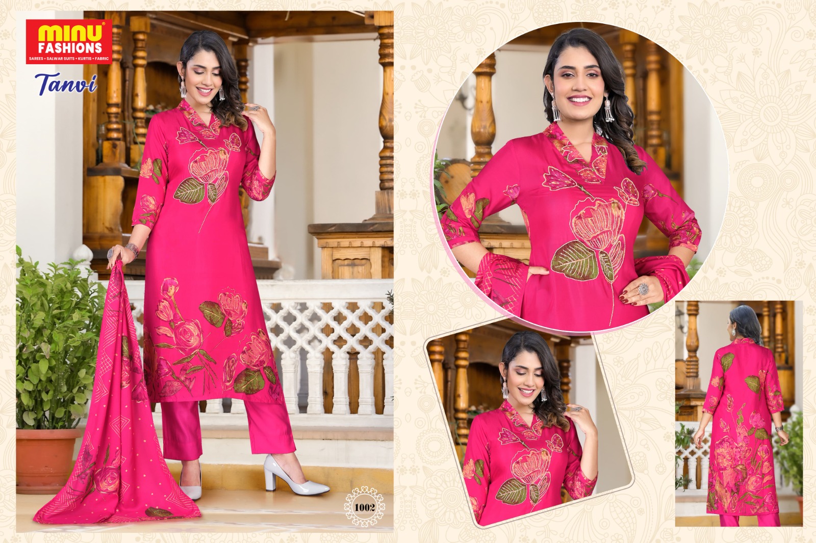 Pink Floral Embroidered Kurti Set