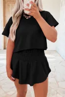 Black 2pcs Cropped Tee and Ruffle High Waist Skort Set