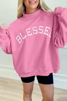 Bright Pink Oversize Blessed Embroidered Mock Neck Sweatshirt