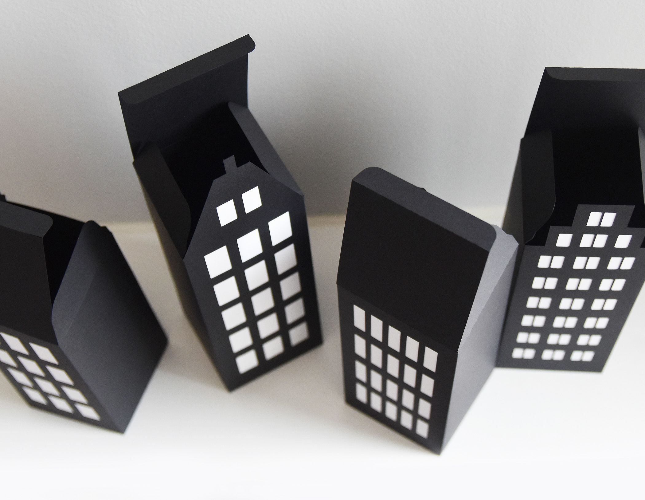 Superhero Gift Boxes, Set of 8, Cityscape Skyscrapers Party Favor Decor