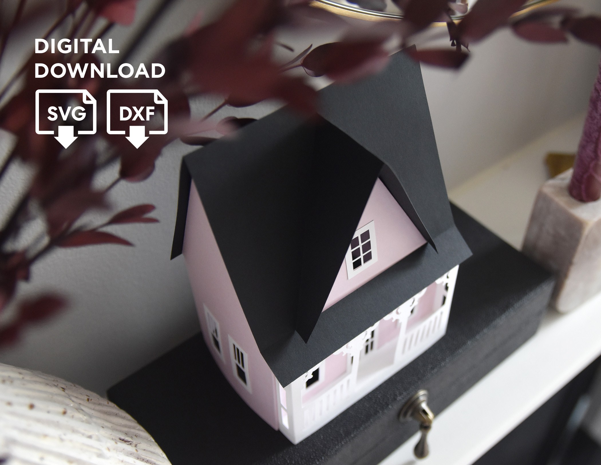 Pink Victorian Paper House SVG Template: 3D Christmas Village