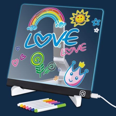 Plexy Light Lavagna LED Luminosa Multicolore, 20x20 cm, con Base Rigida e Pieghevole, Pennarelli Colorati Inclusi, Alimentazione USB