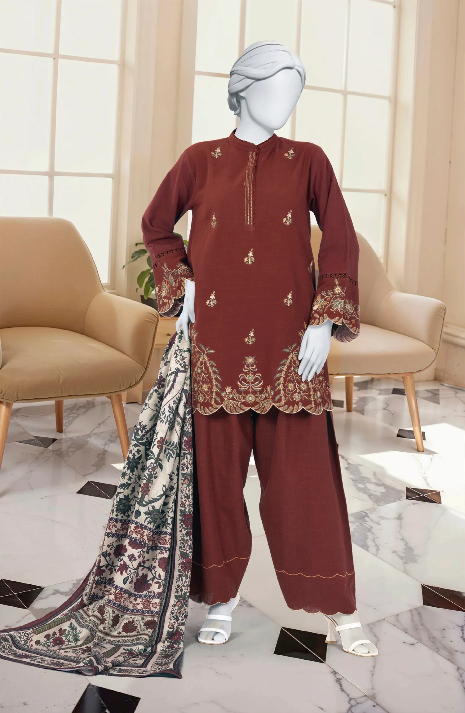 EMBROIDERED KHADDAR 3PCS UNSTITCHED