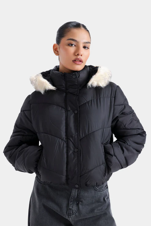 Quilted Puffer Jacket With Fur Hood