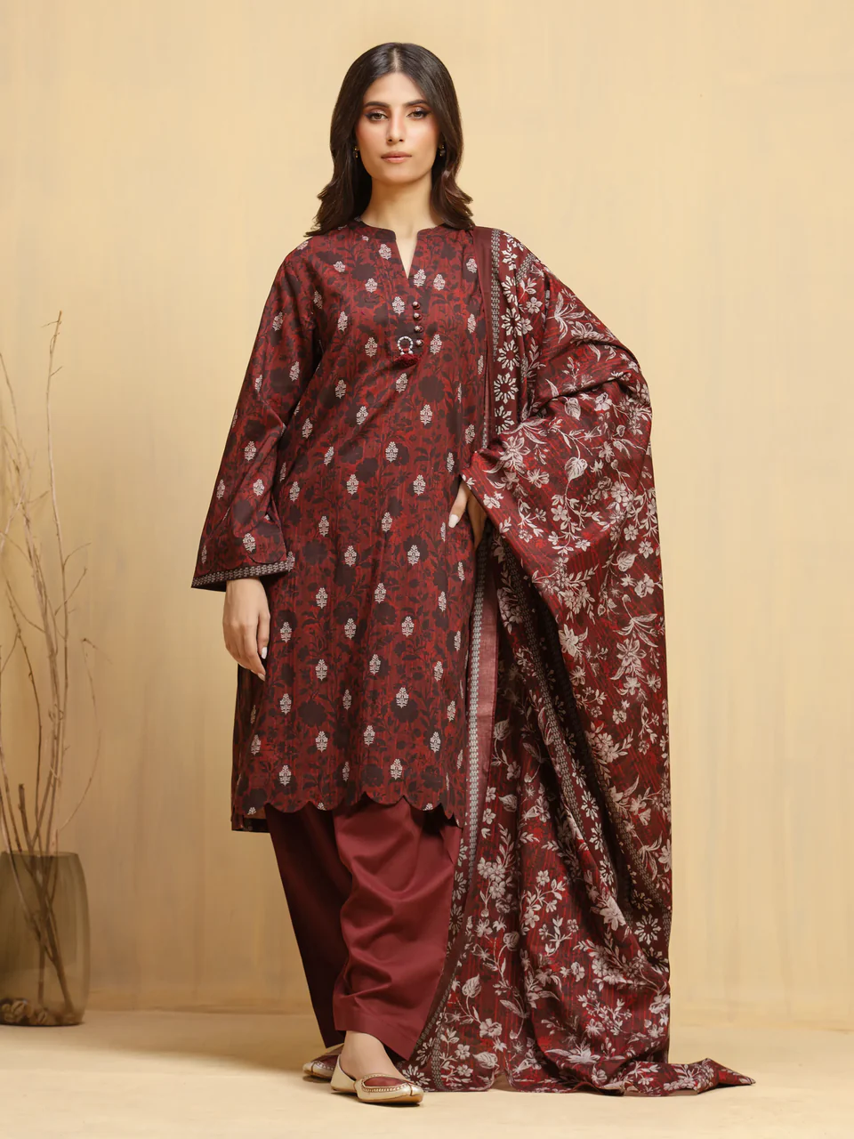 Unstitched Dark Rust Printed Khaddar 3 Piece