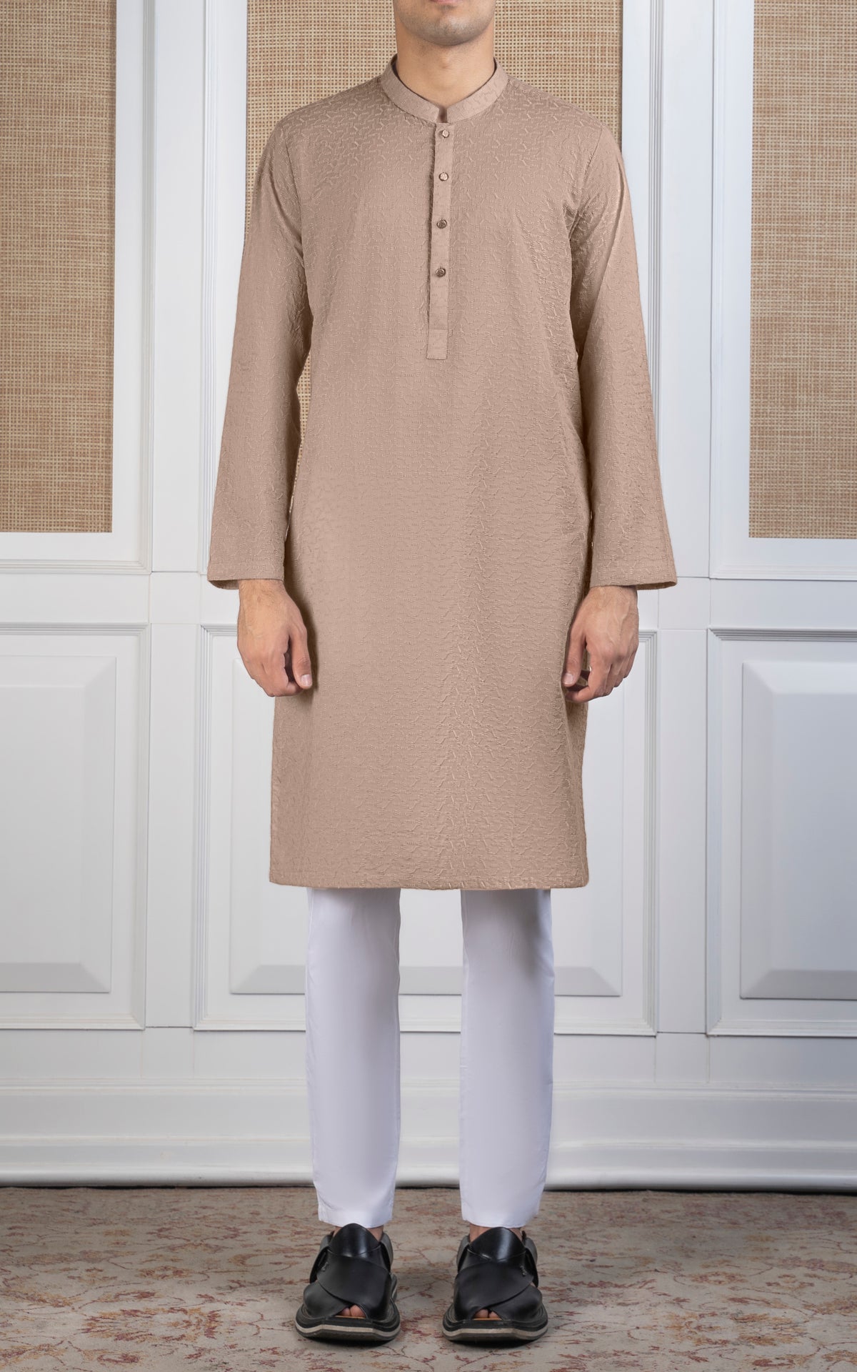 SCHIFFLI EMBROIDERED KURTA - SIGNATURE COLLECTION LIGHT KHAKI