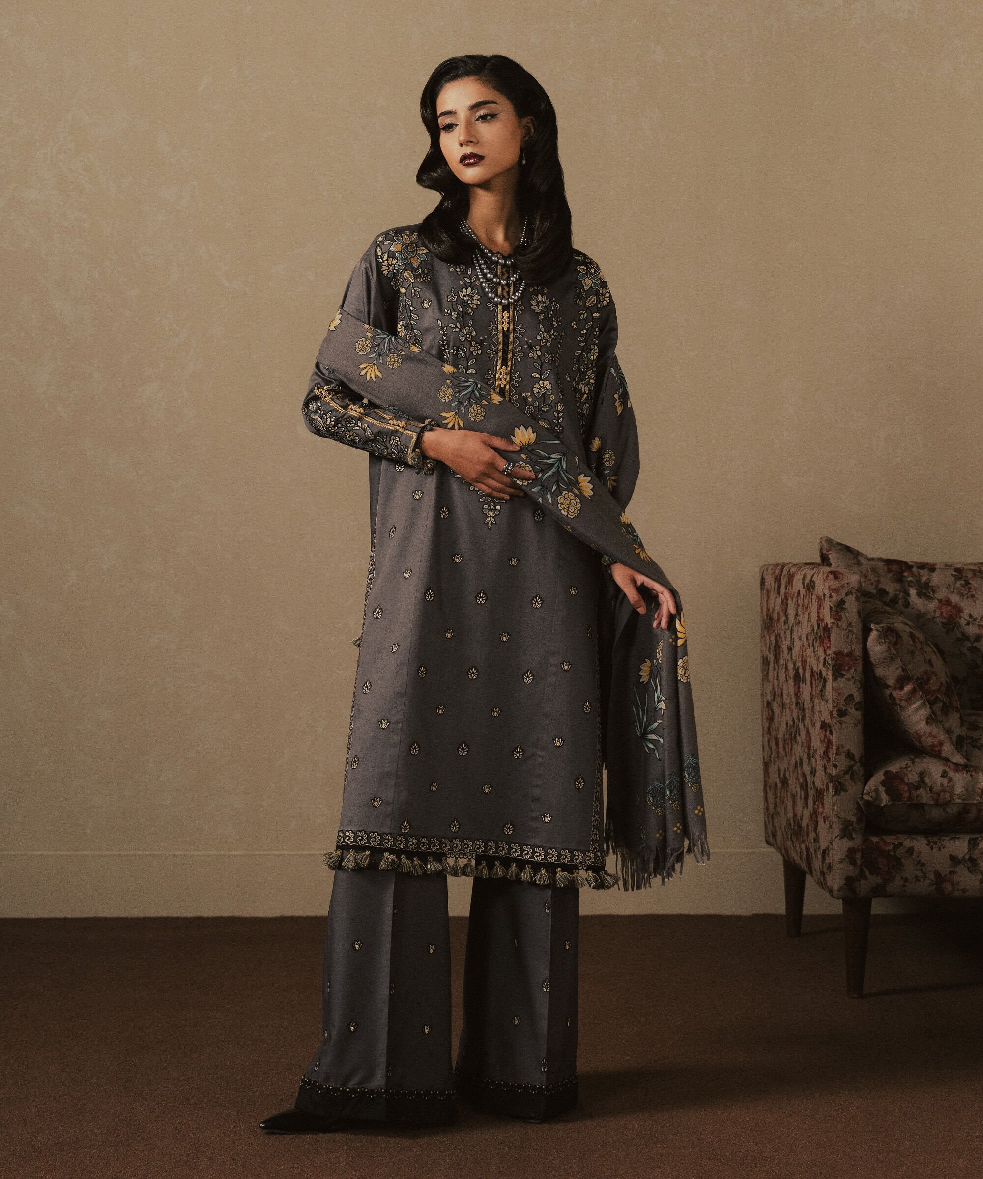 3 PIECE - EMBROIDERED COTTON SATIN SUIT