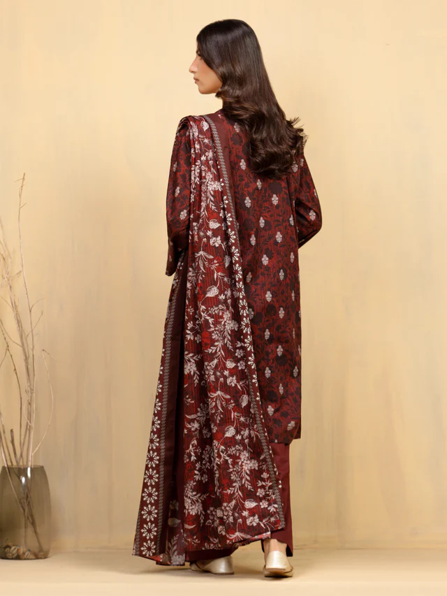 Unstitched Dark Rust Printed Khaddar 3 Piece