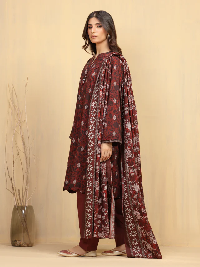 Unstitched Dark Rust Printed Khaddar 3 Piece