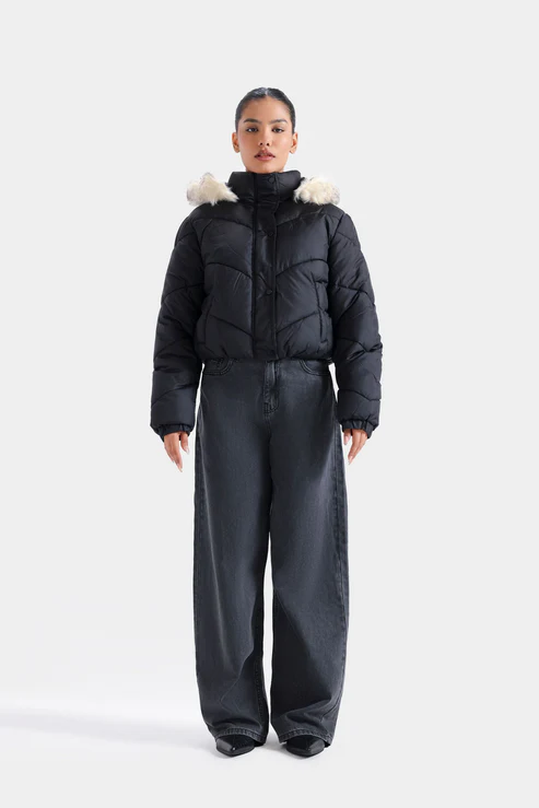 Quilted Puffer Jacket With Fur Hood