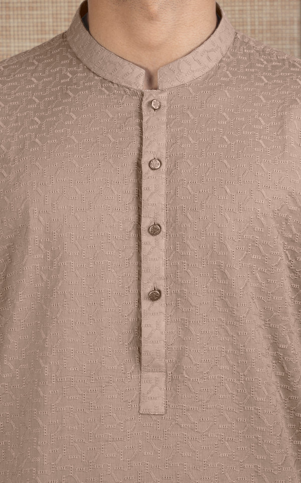 SCHIFFLI EMBROIDERED KURTA - SIGNATURE COLLECTION LIGHT KHAKI