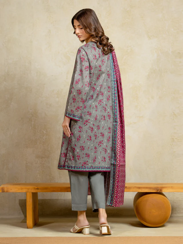 Unstitched Grey Printed Khaddar 3 Piece