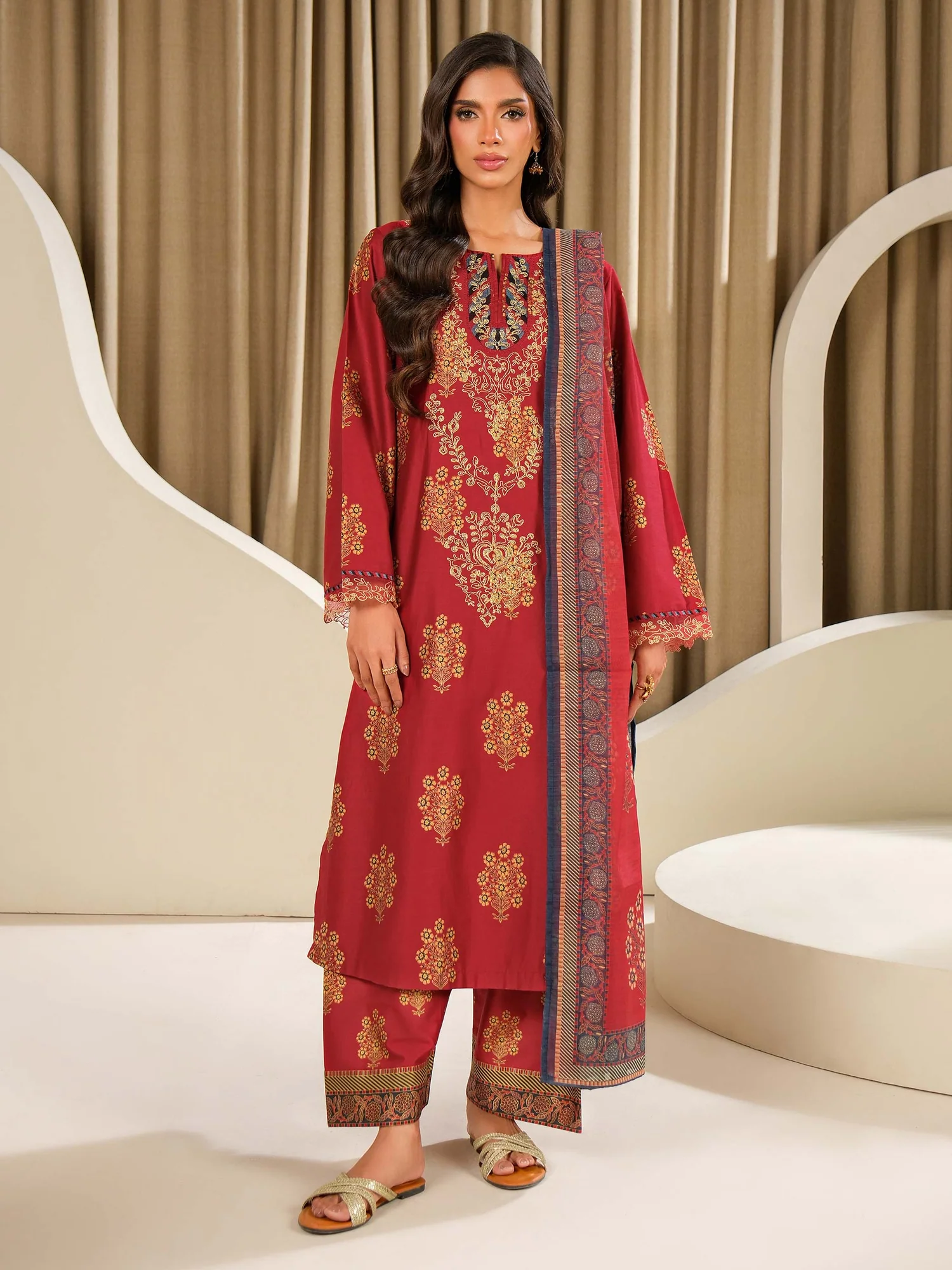 3 Piece Satin Suit-Embroidered (Unstitched)