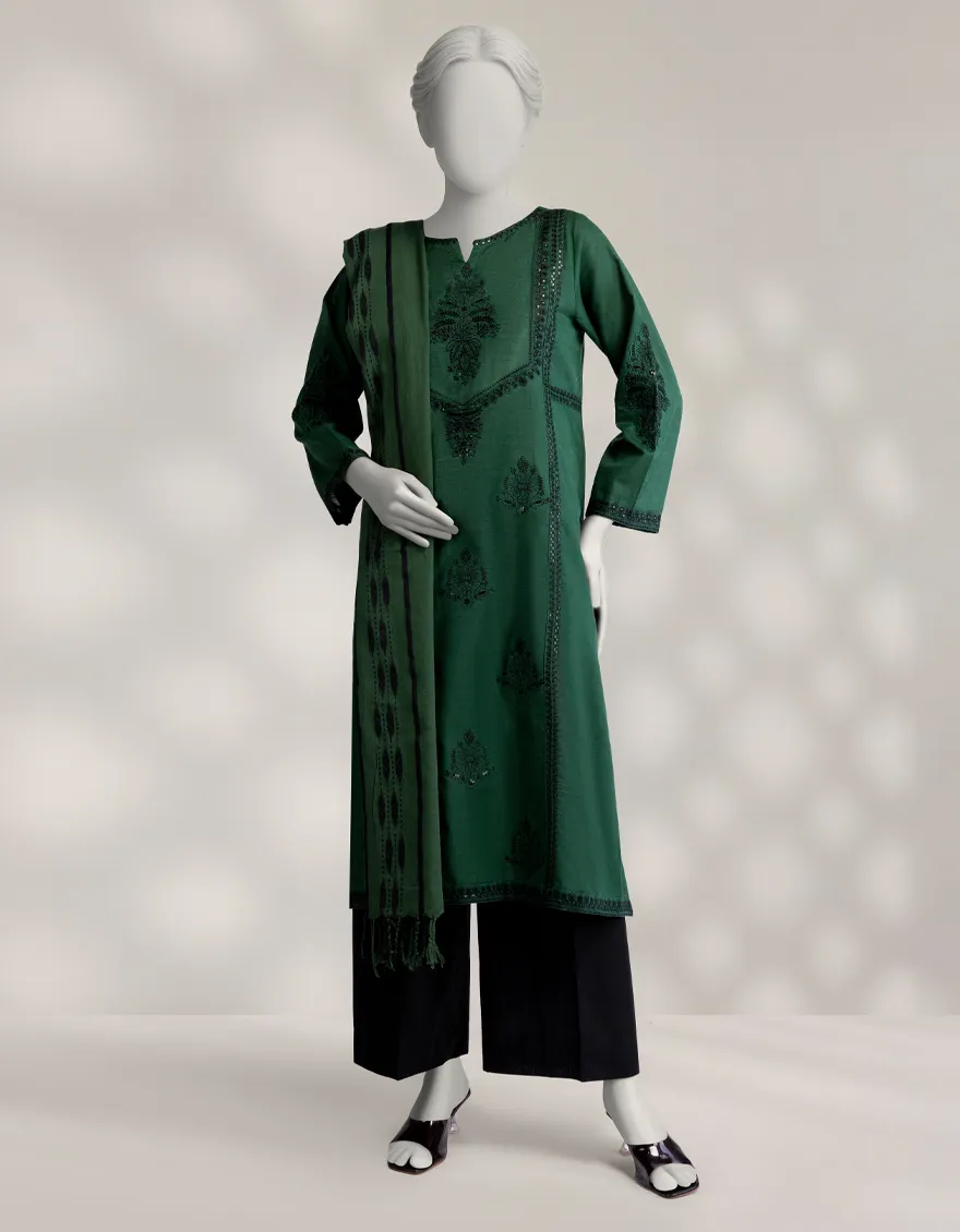 GREEN KHADDAR EMBROIDERED 2PC STITCHED