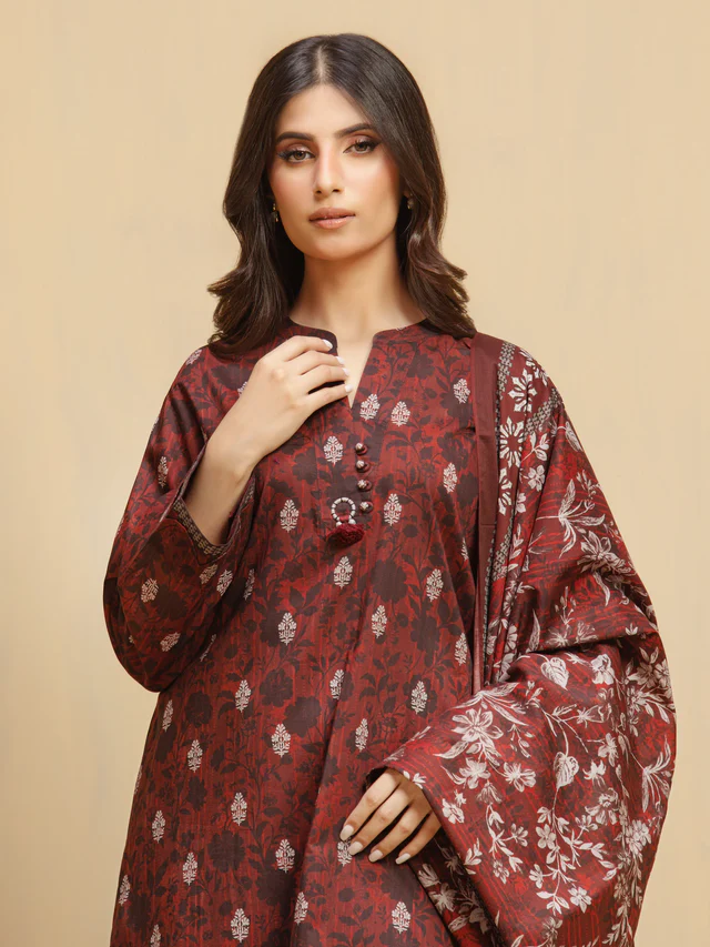 Unstitched Dark Rust Printed Khaddar 3 Piece