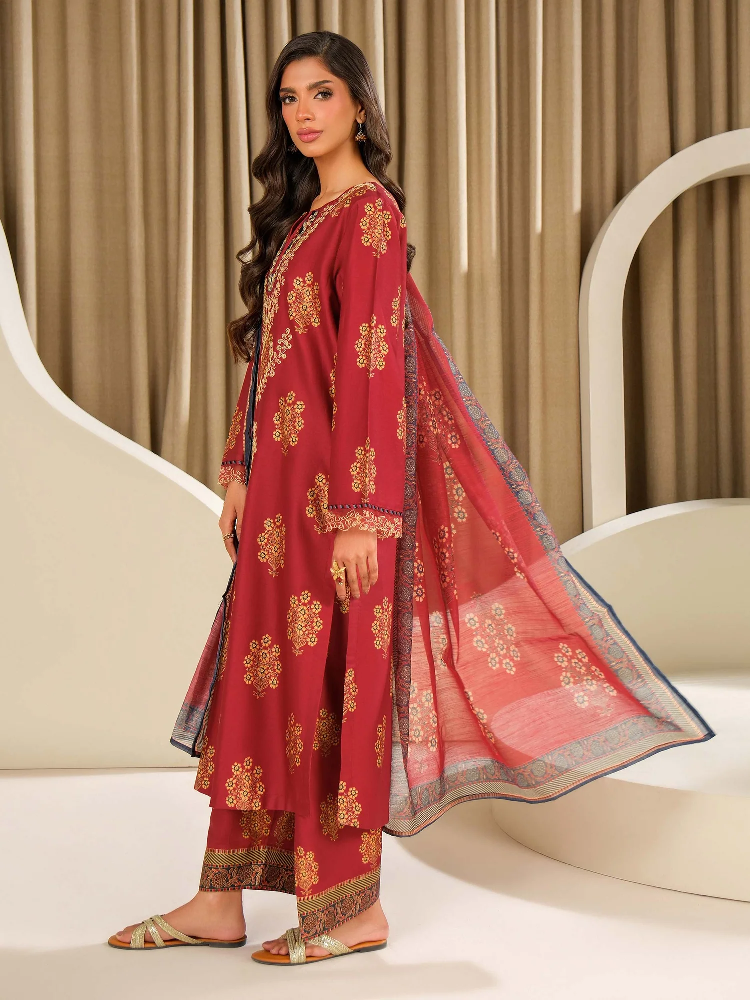 3 Piece Satin Suit-Embroidered (Unstitched)