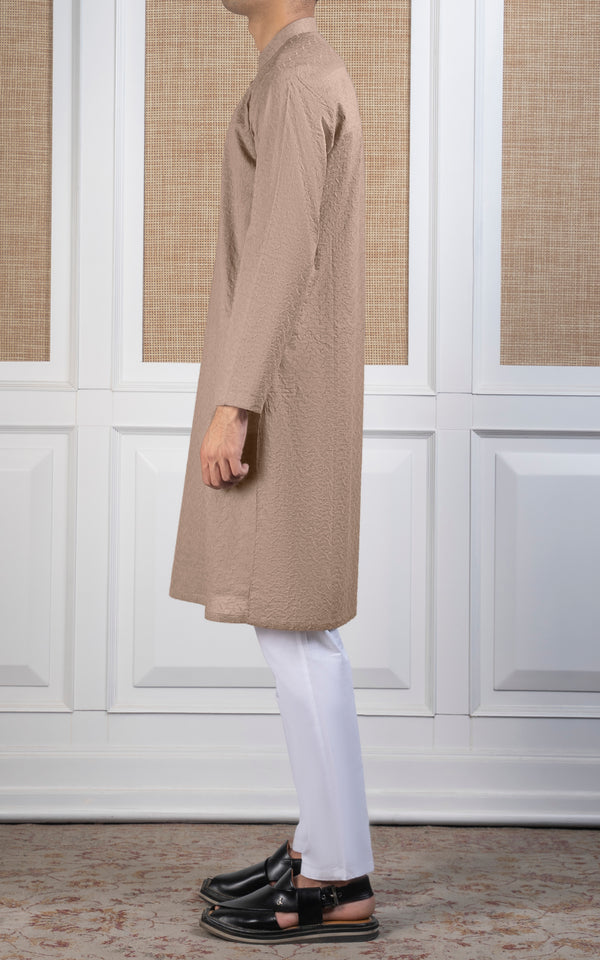 SCHIFFLI EMBROIDERED KURTA - SIGNATURE COLLECTION LIGHT KHAKI