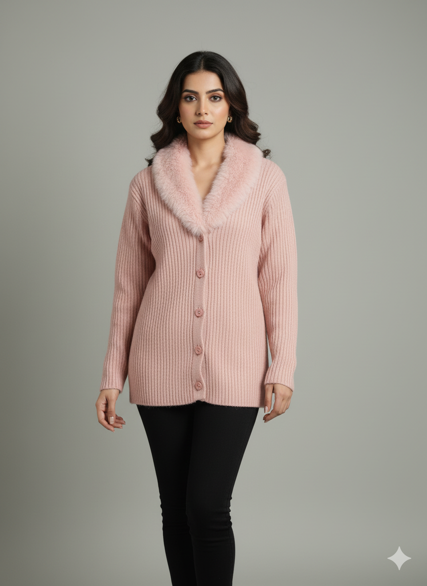 Pink Knit Cardigan with Faux Fur Collar