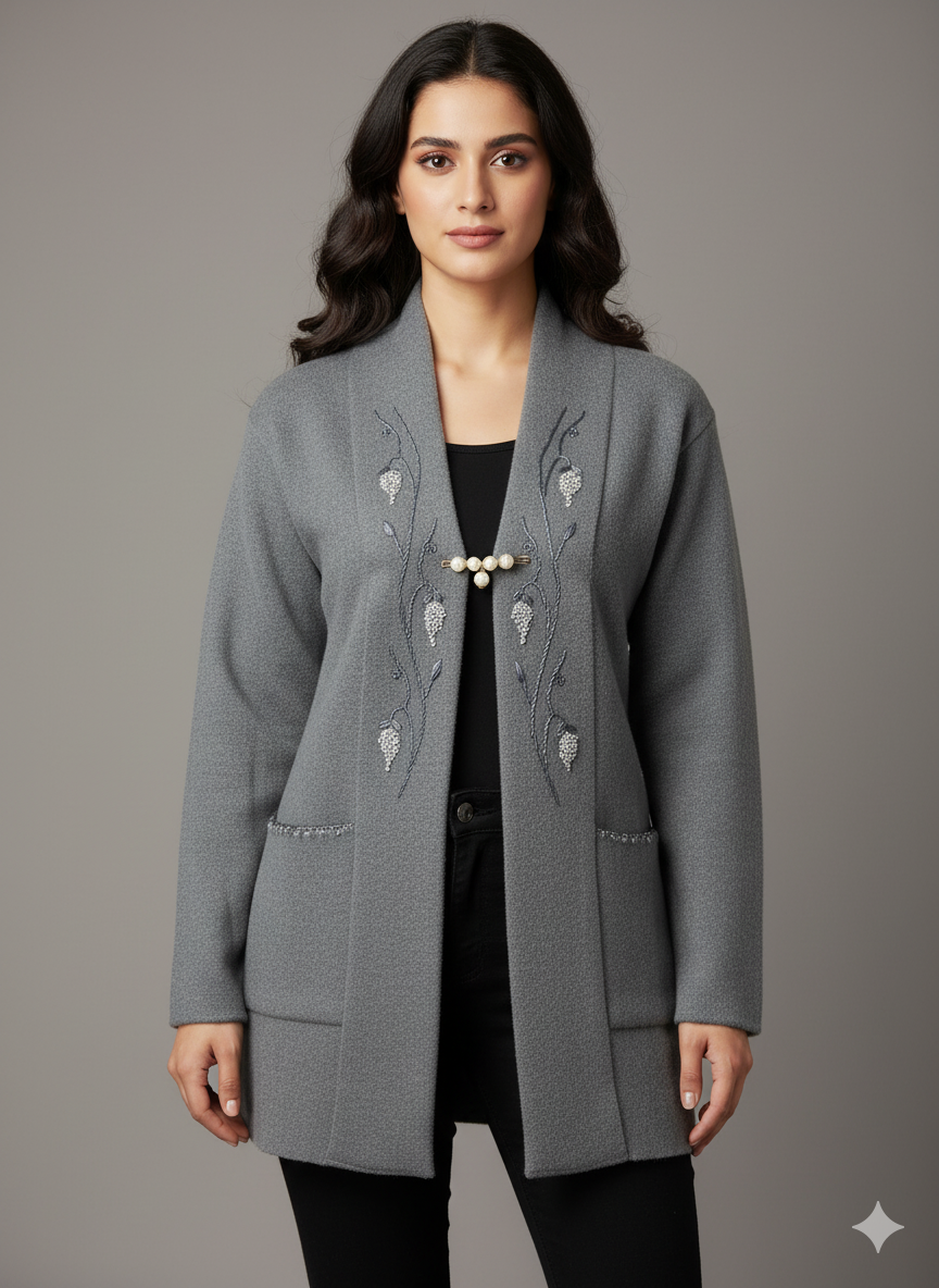 Elegant Embroidered Gray Cardigan