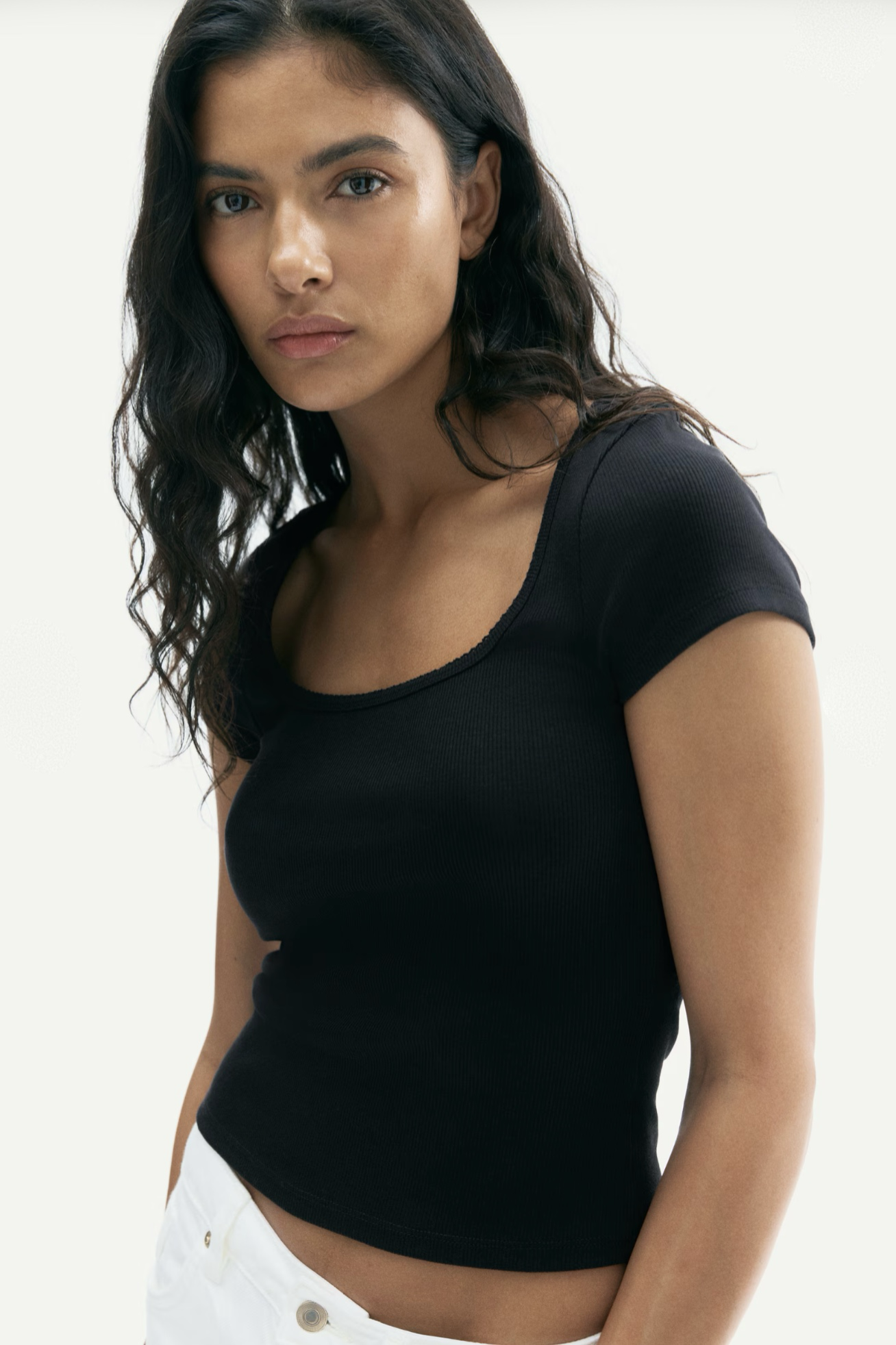 Remera Rib Manga Corta Negra - H&M