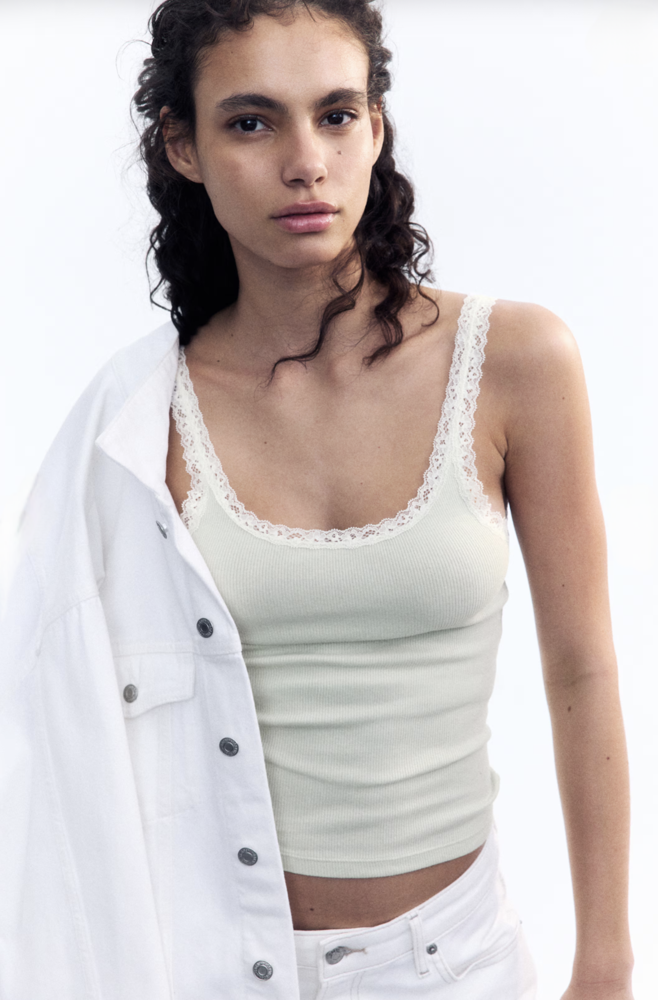 Musculosa Rib con Puntilla Verde Claro H&M