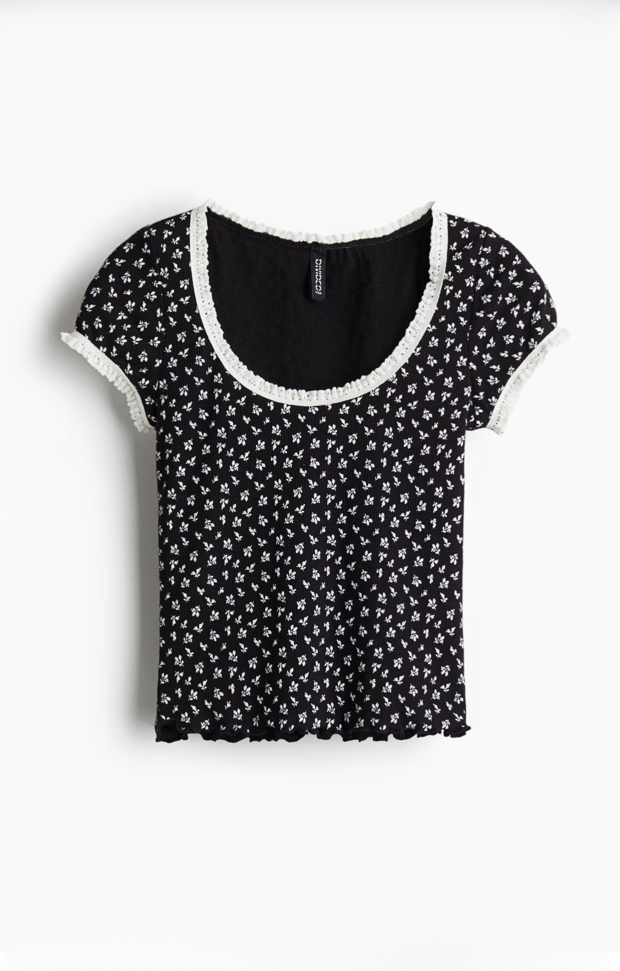 Remera Rib Estampada con Puntilla Negra - H&M