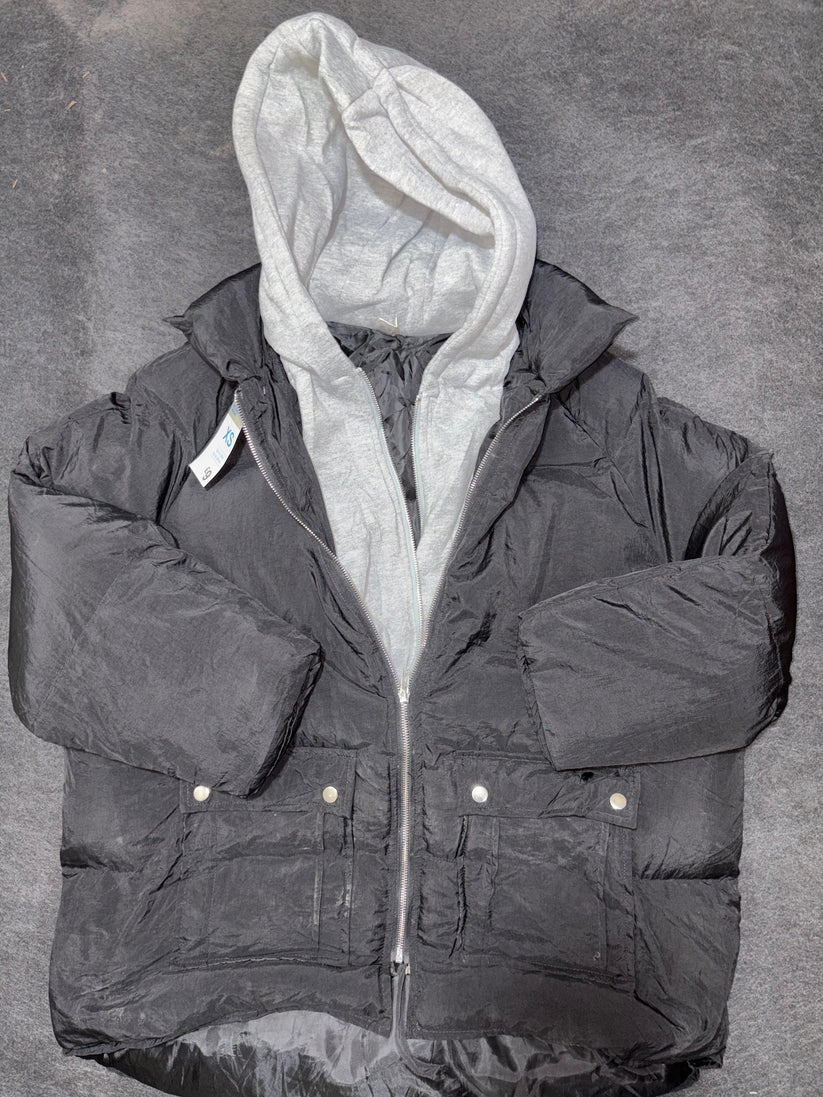 Black Puffer Jacket with Grey Hoodie