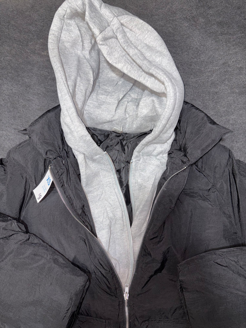 Black Puffer Jacket with Grey Hoodie