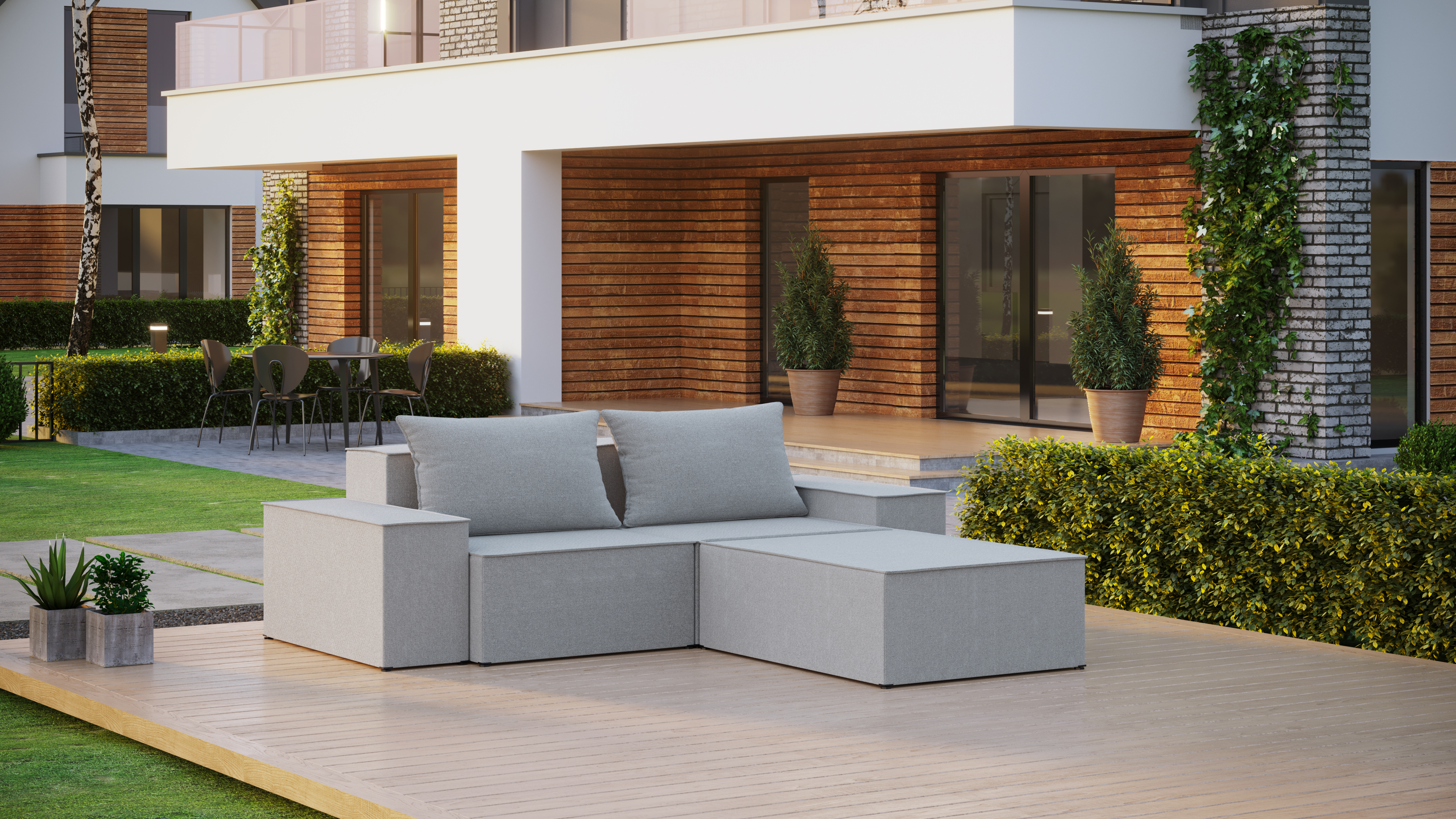 Sofa 2 – Zweisitzer mit Hocker und Armlehnen 