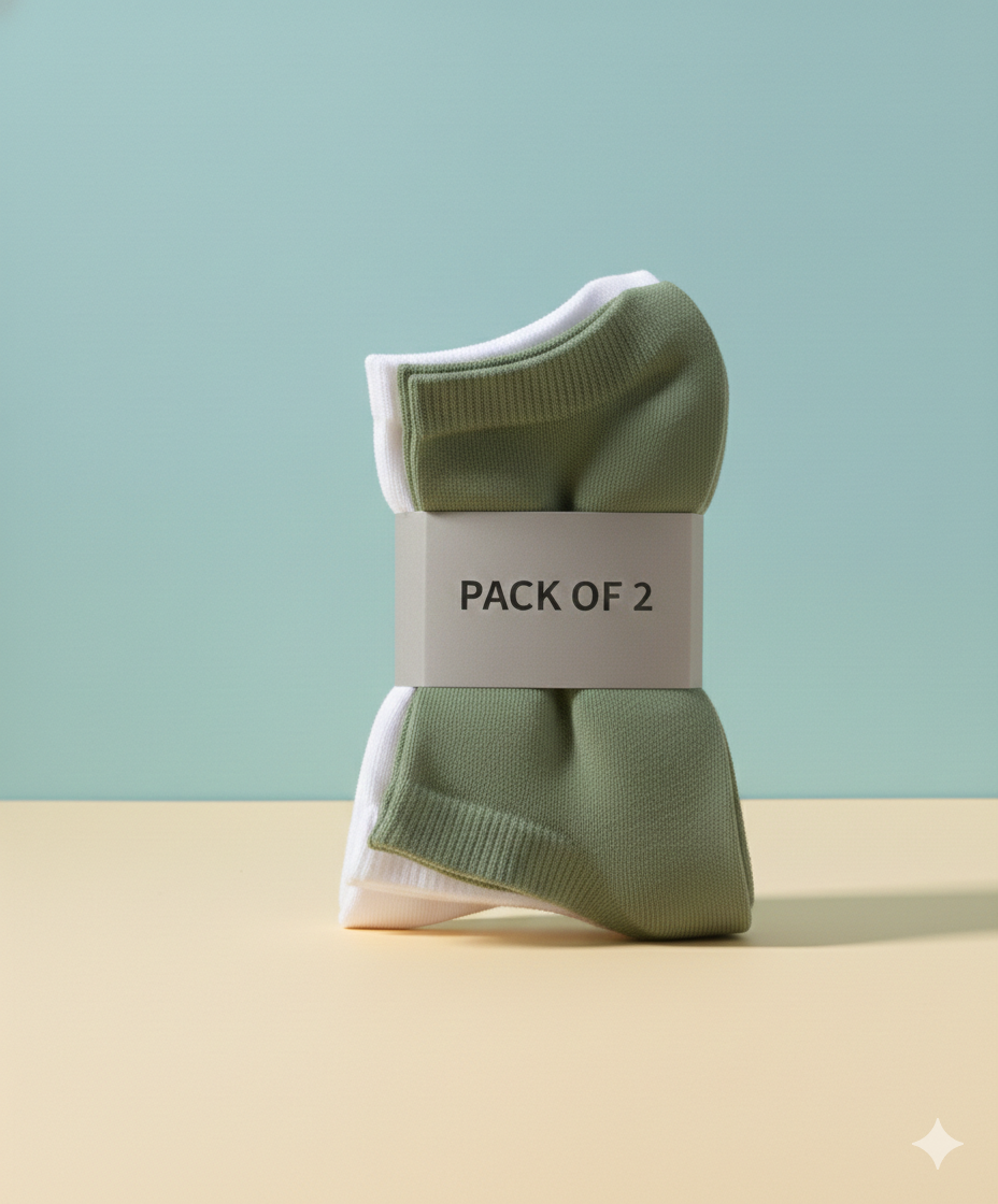 Olive Green & White Ankle Socks - 2 Pack