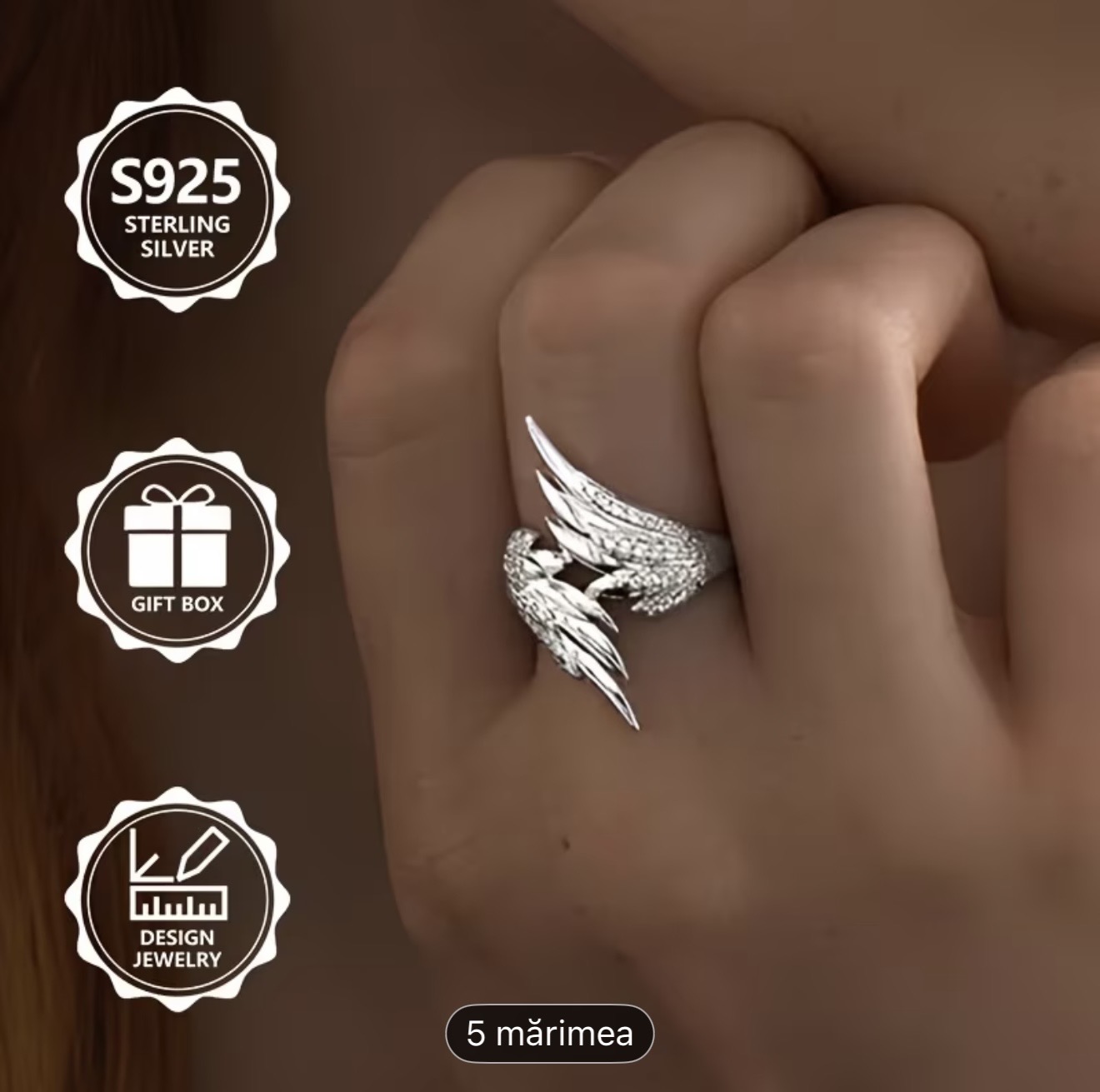 Inel de argint cu aripi de înger