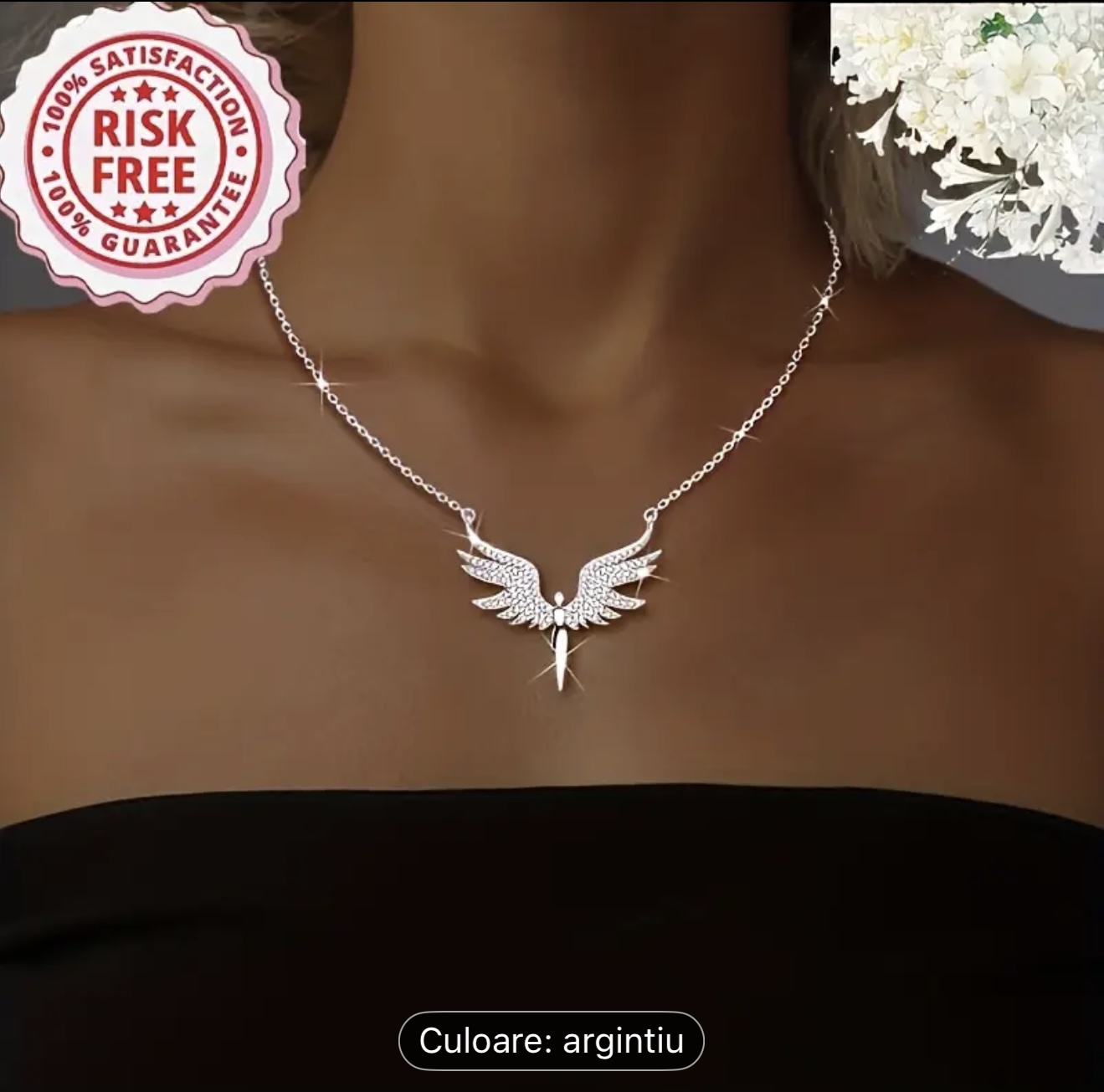 Colier cu pandantiv din argint cu aripi de înger