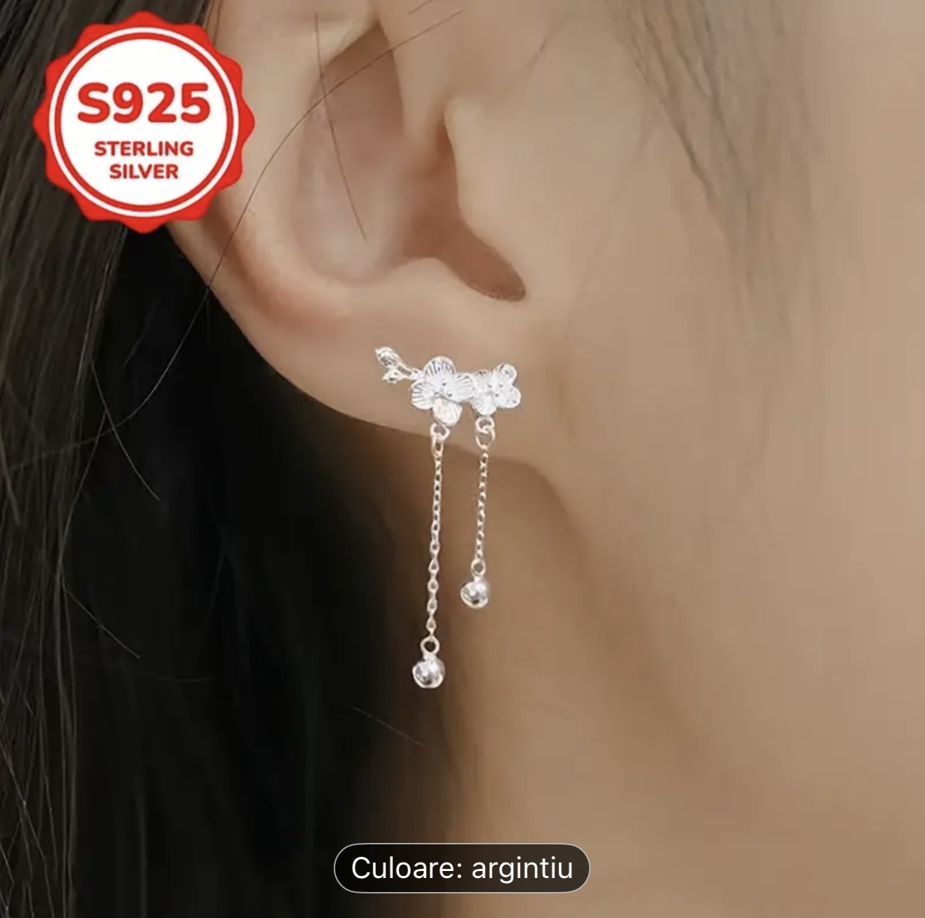 Cercei cu picătură cu flori de argint