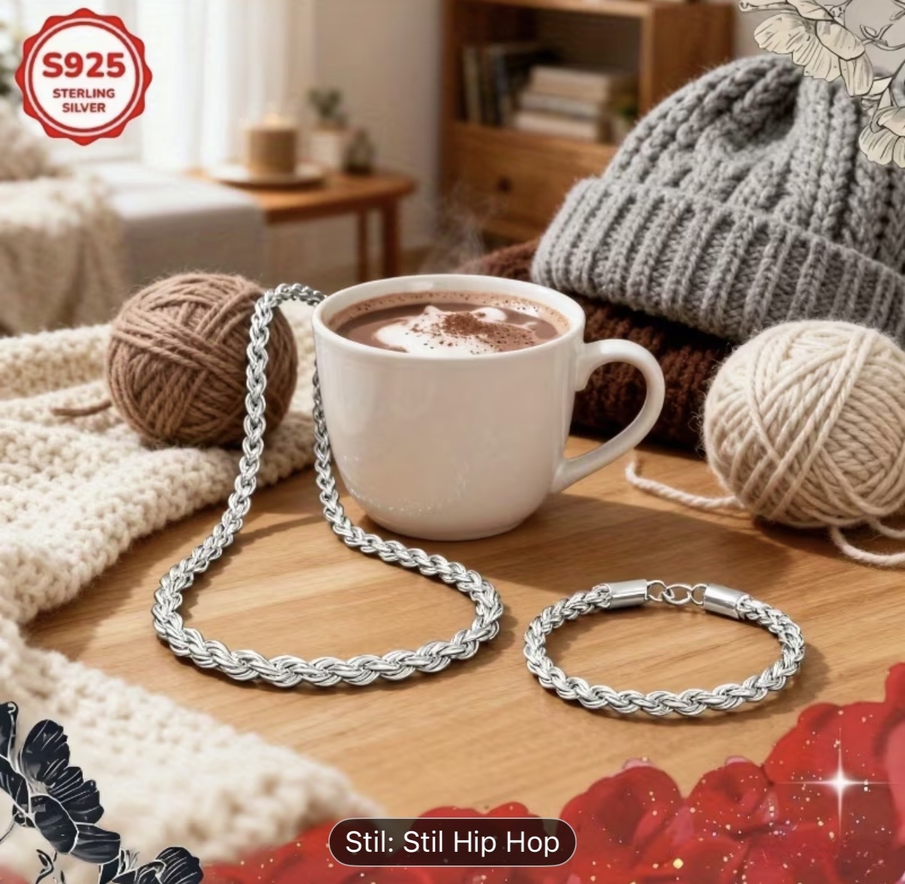 Colier și brățară din argint 925 cu frânghie