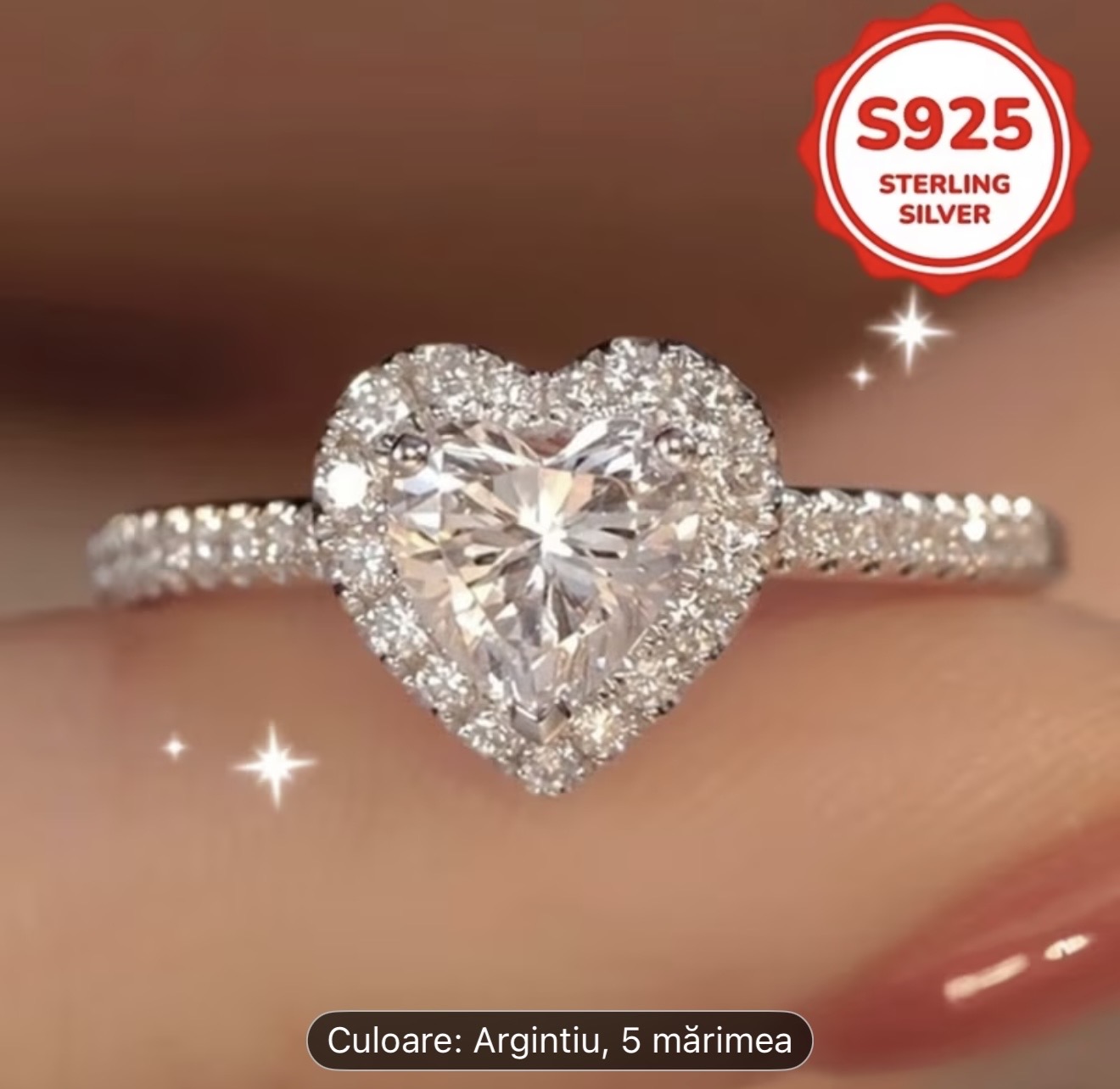 Inel din argint sterlin S925 în formă de inimă
