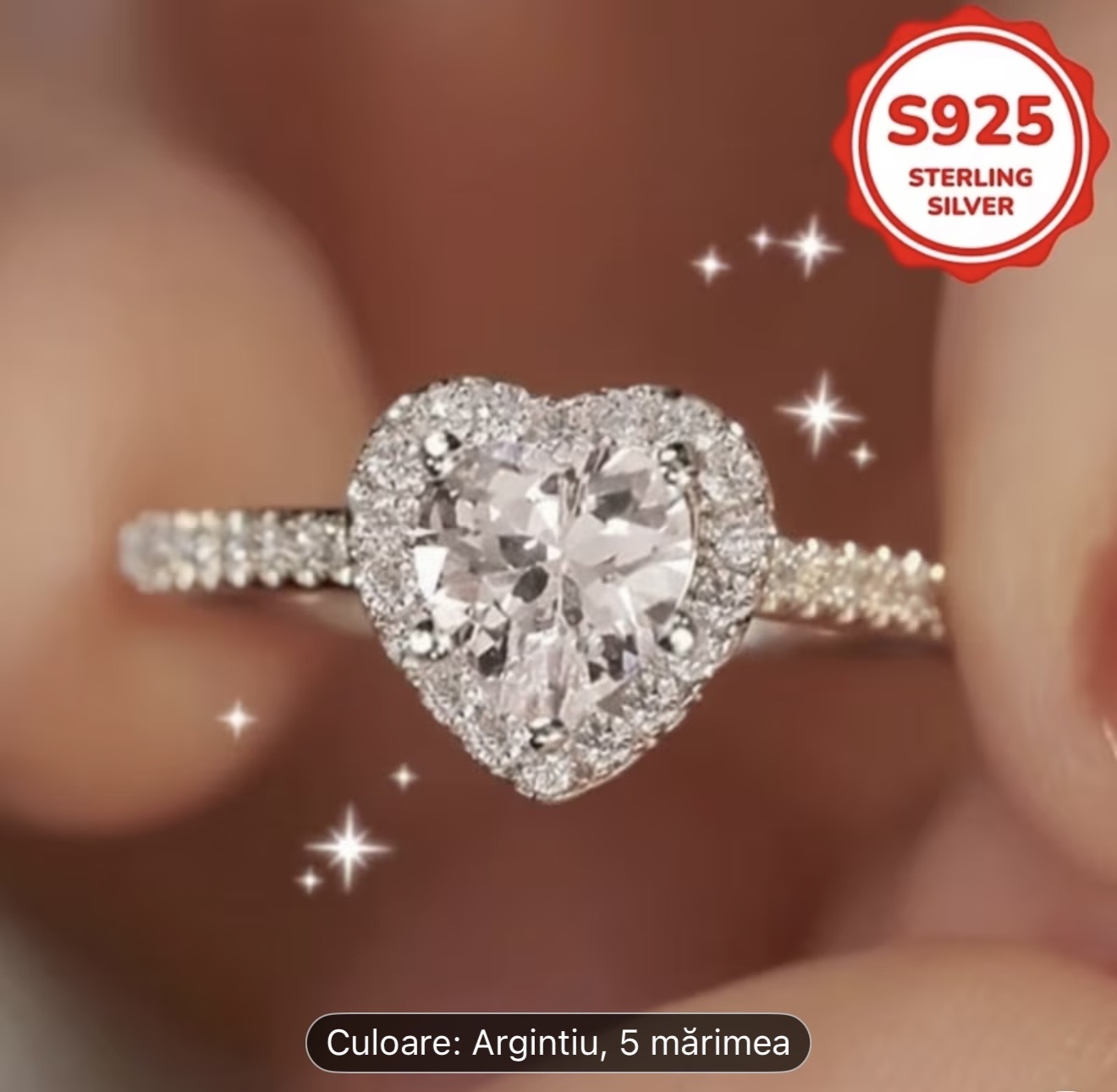 Inel din argint sterlin S925 în formă de inimă