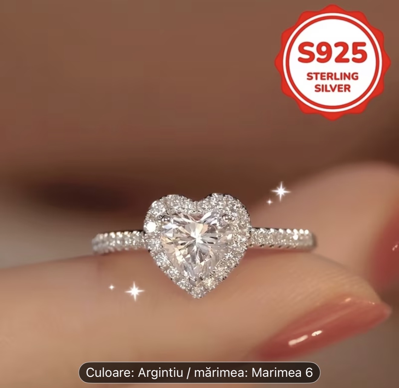 Inel din argint sterlin S925 în formă de inimă