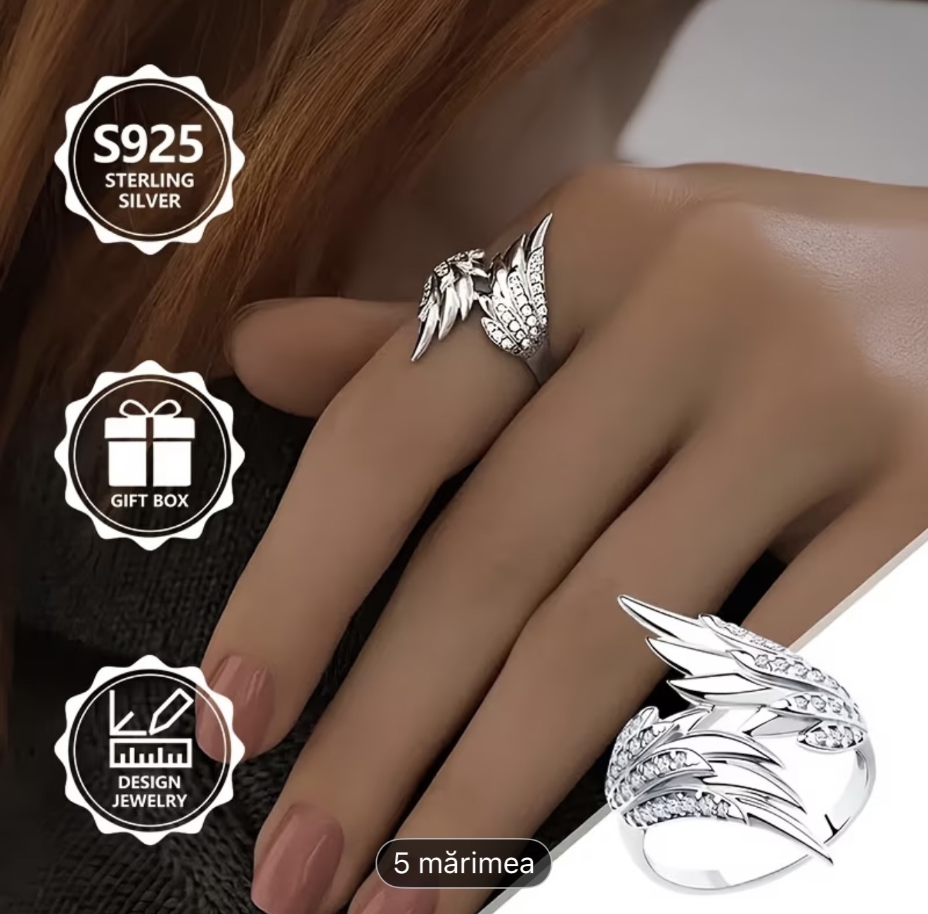Inel de argint cu aripi de înger