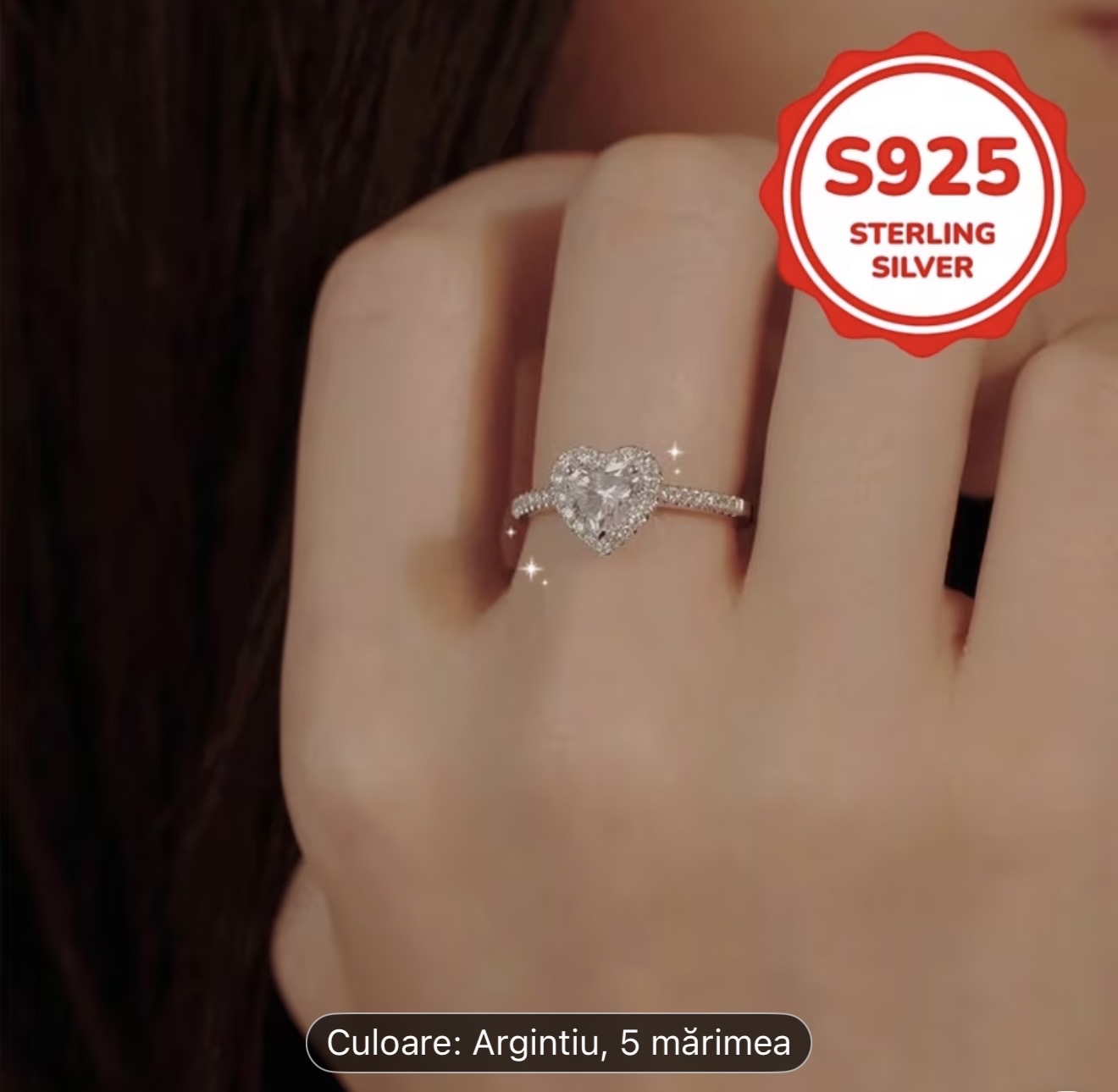 Inel din argint sterlin S925 în formă de inimă